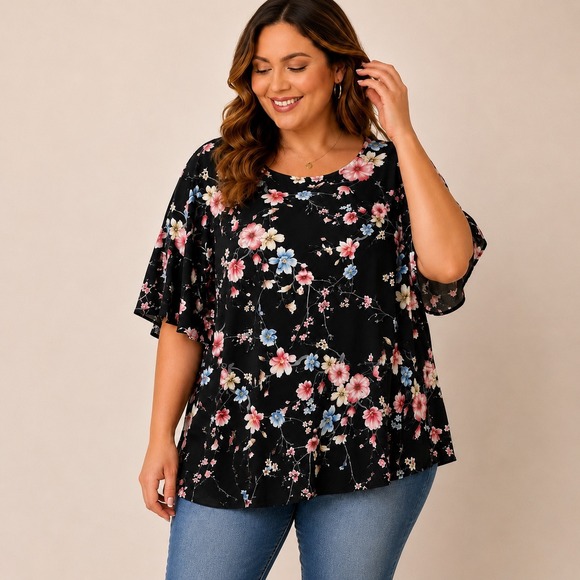 SHEIN Tops - Womens 3X Black Floral Blouse Flowy Short Sleeve Pink Blue Romantic Boho Cottage